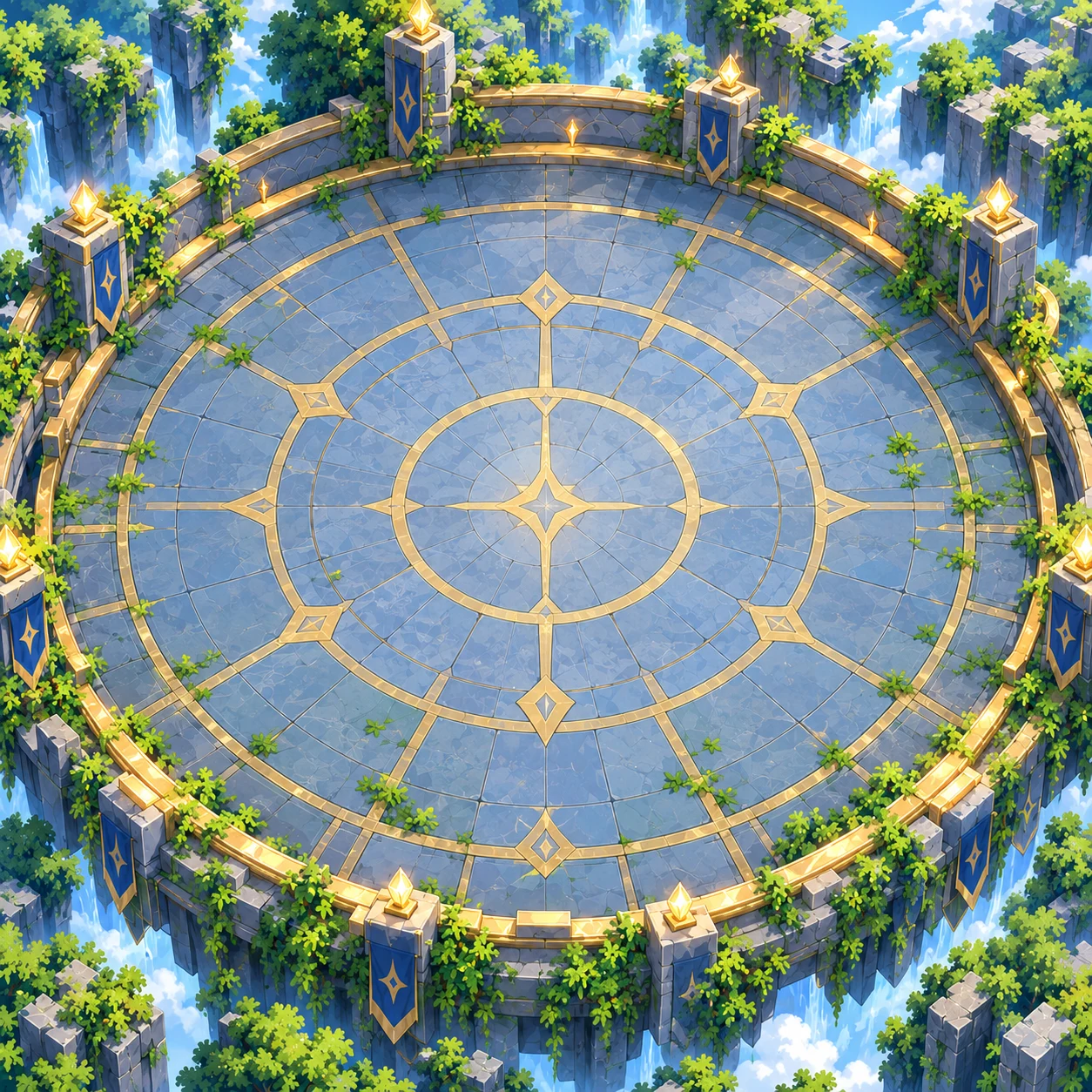 A circular stone Numora arena surrounded by ancient towers, waterfalls, and greenery